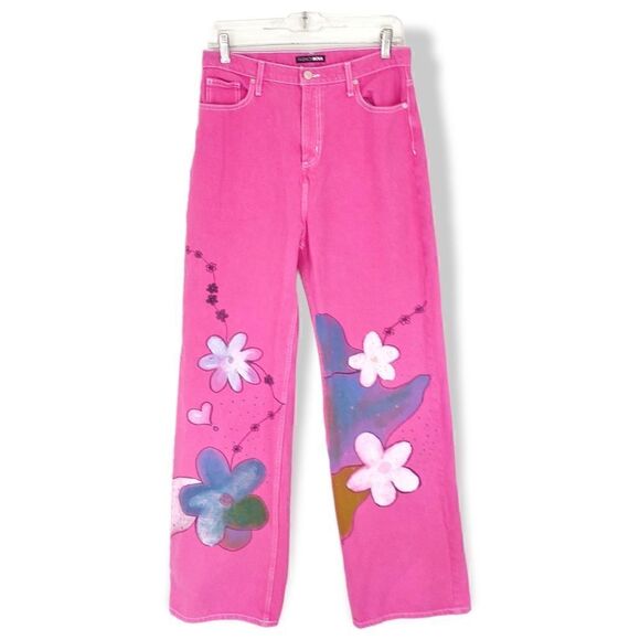 Fashion Nova Pink Fuchsia Jeans Floral Paint High Waist Jr 9 NEW - Picture 1 of 10